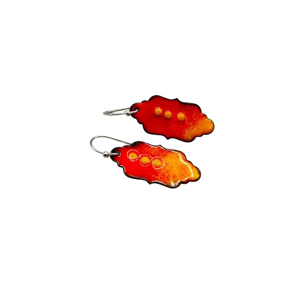 Vintage Enamel Over Metal Dangles Earrings Mid Century Orange Red Ombre Color